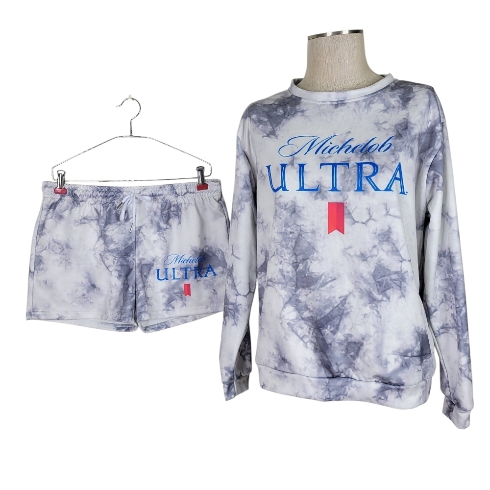 Michelob Ultra Track Shorts Sweatshirt Set Women Size L White Gray Tie Dye Logo - Picture 2 of 14